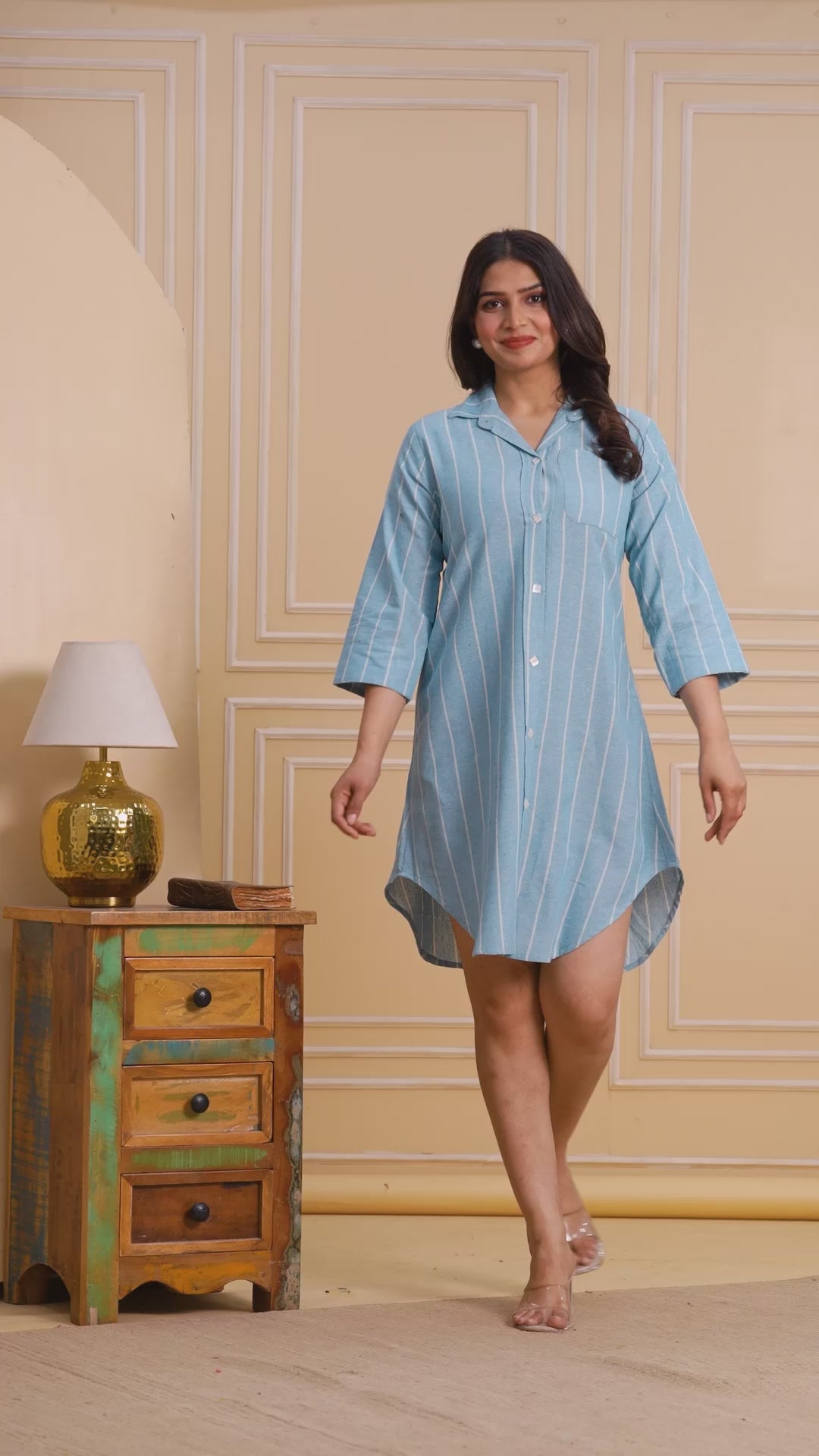 Sky Blue Linen Striped Short Kurti Dress